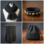 Collage of end products made with black sari silk yarn - scarf, bracelet, wall hanging, pouch