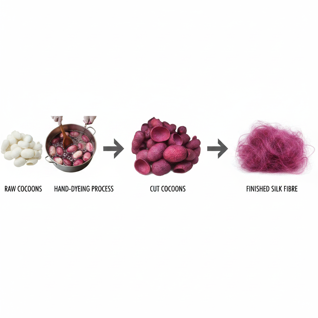 Infographic – Mulberry silk cocoon journey from raw to burgundy wine dyed fibre