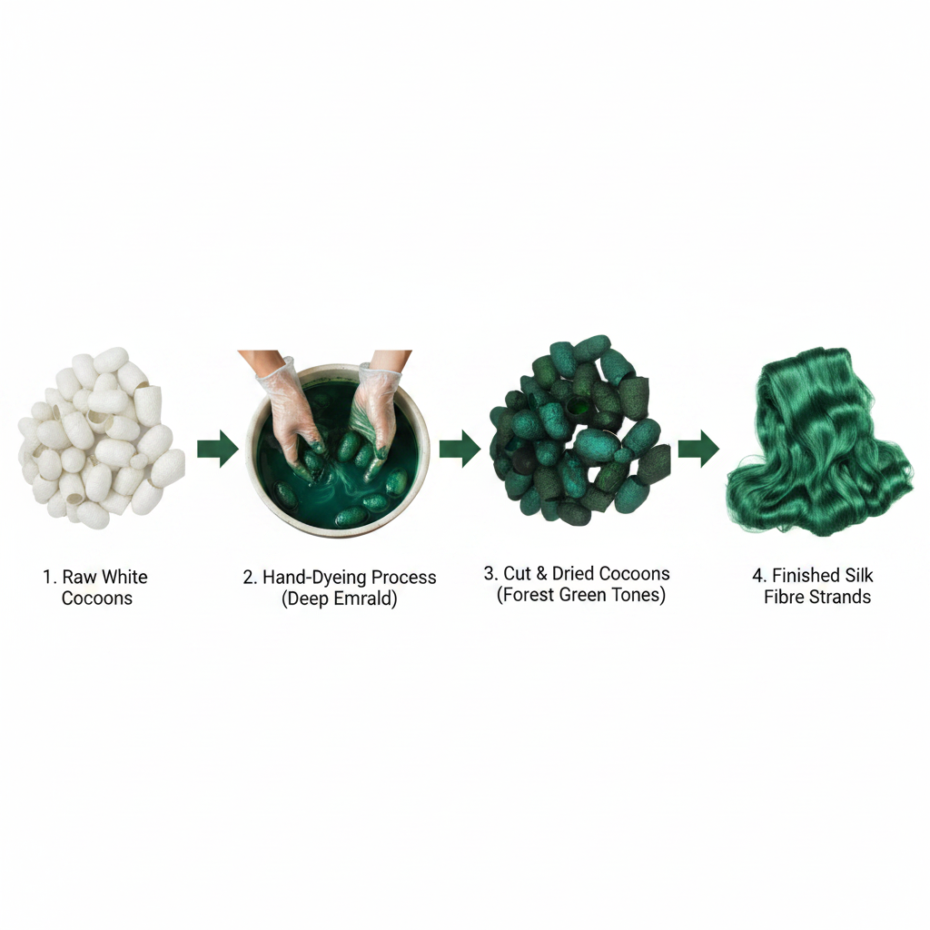 Infographic – Mulberry silk cocoon journey from raw to emerald dyed fibre