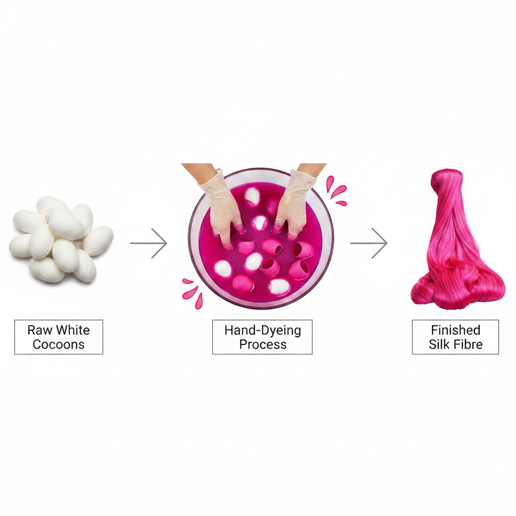 Infographic – Mulberry silk cocoon journey from raw to fuchsia dyed fibre