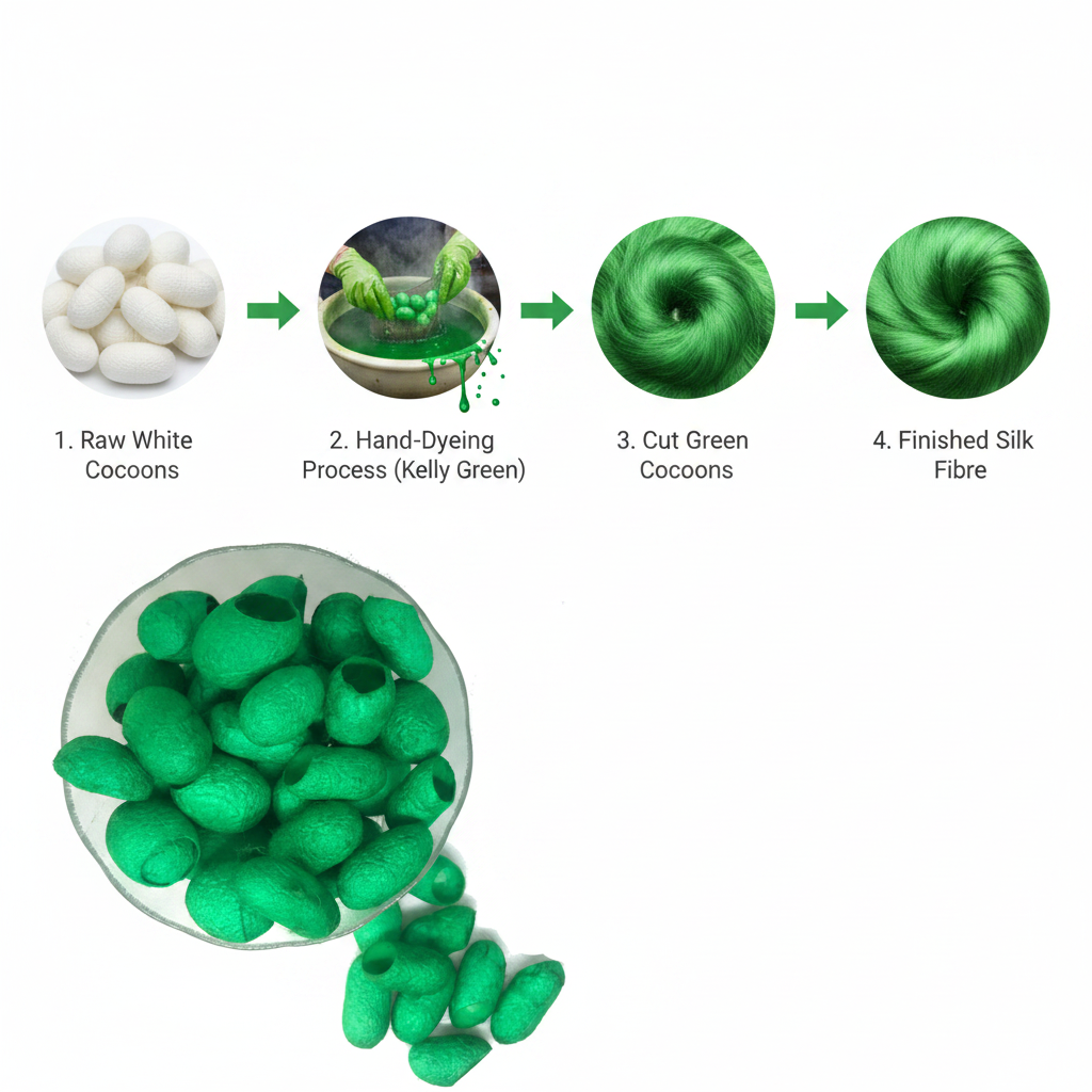 Infographic – Mulberry silk cocoon journey from raw to kelly green dyed fibre