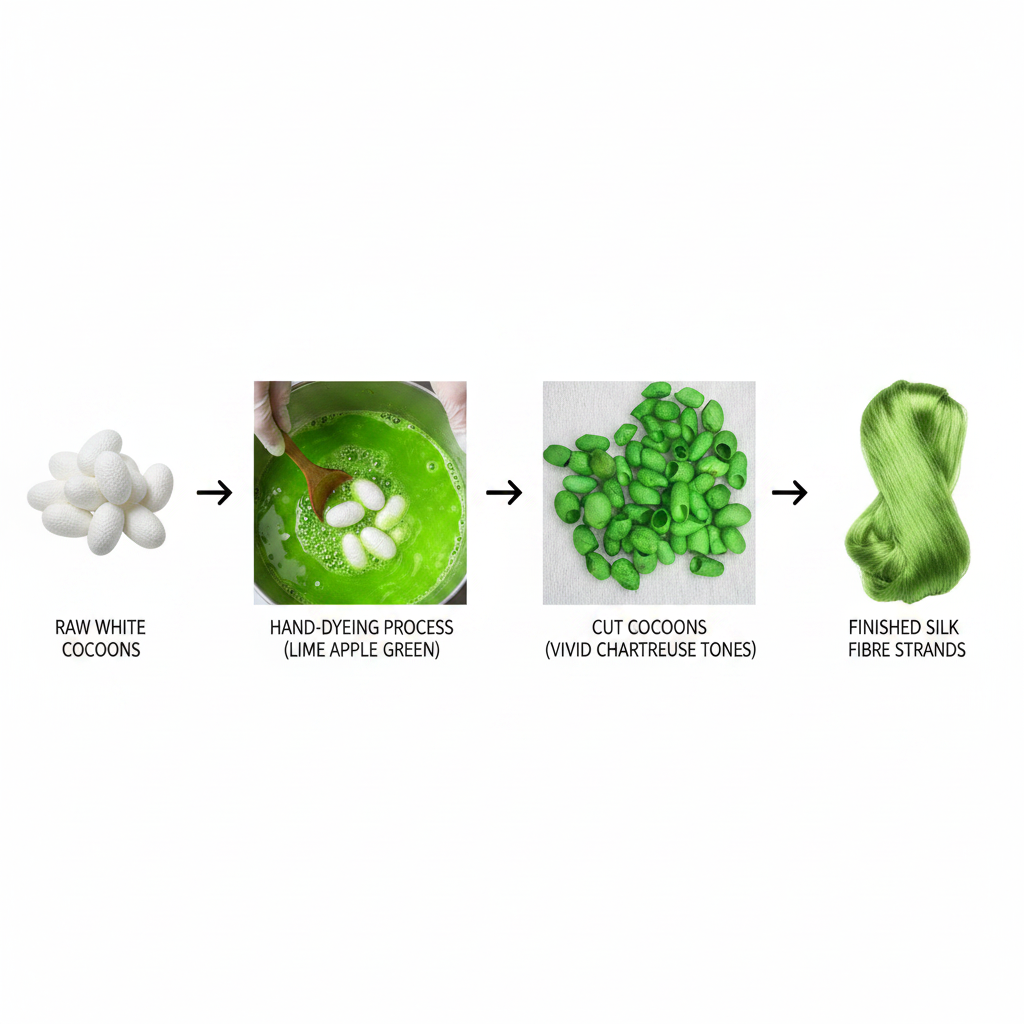 Infographic – Mulberry silk cocoon journey from raw to lime green dyed fibre