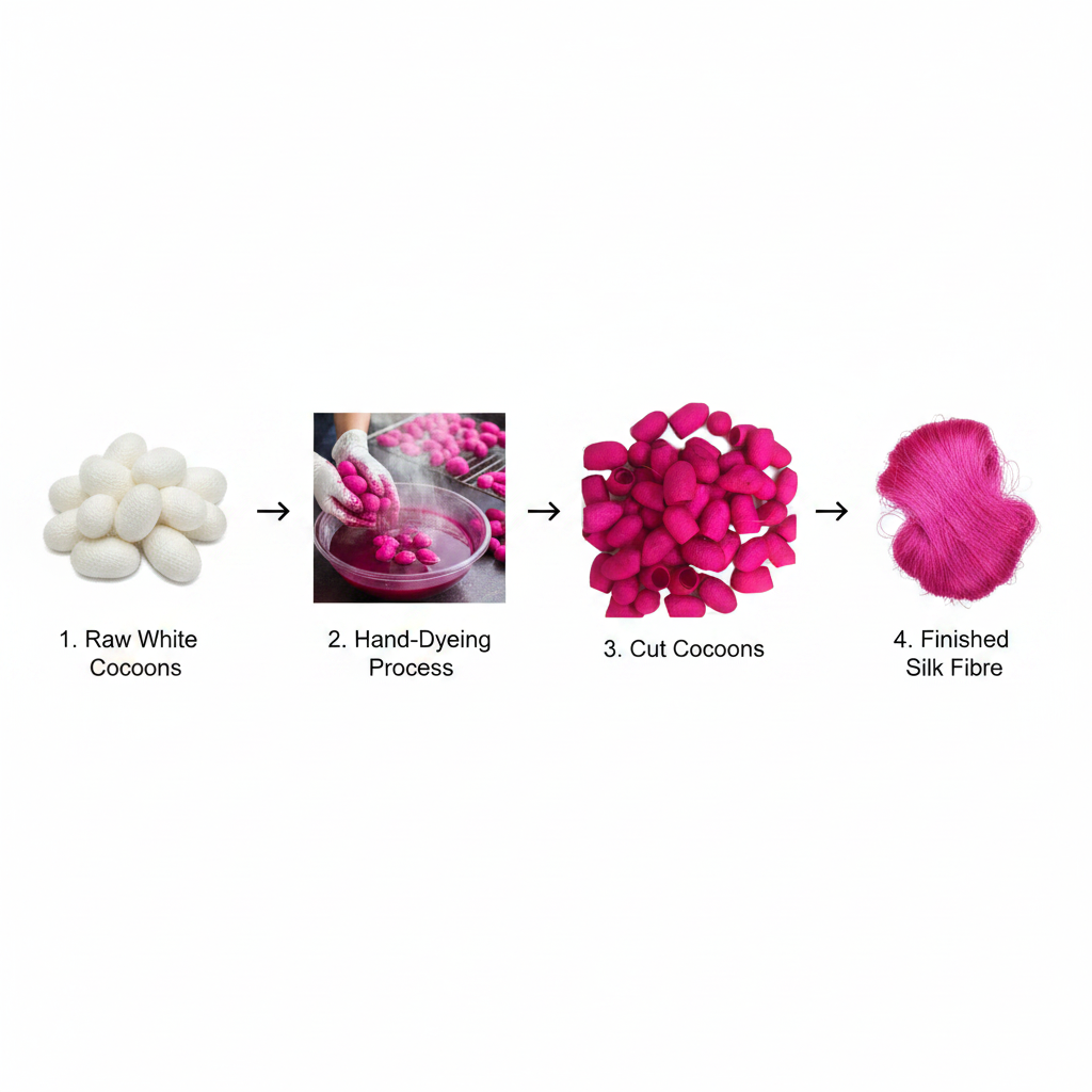 Infographic – Mulberry silk cocoon journey from raw to rose magenta dyed fibre