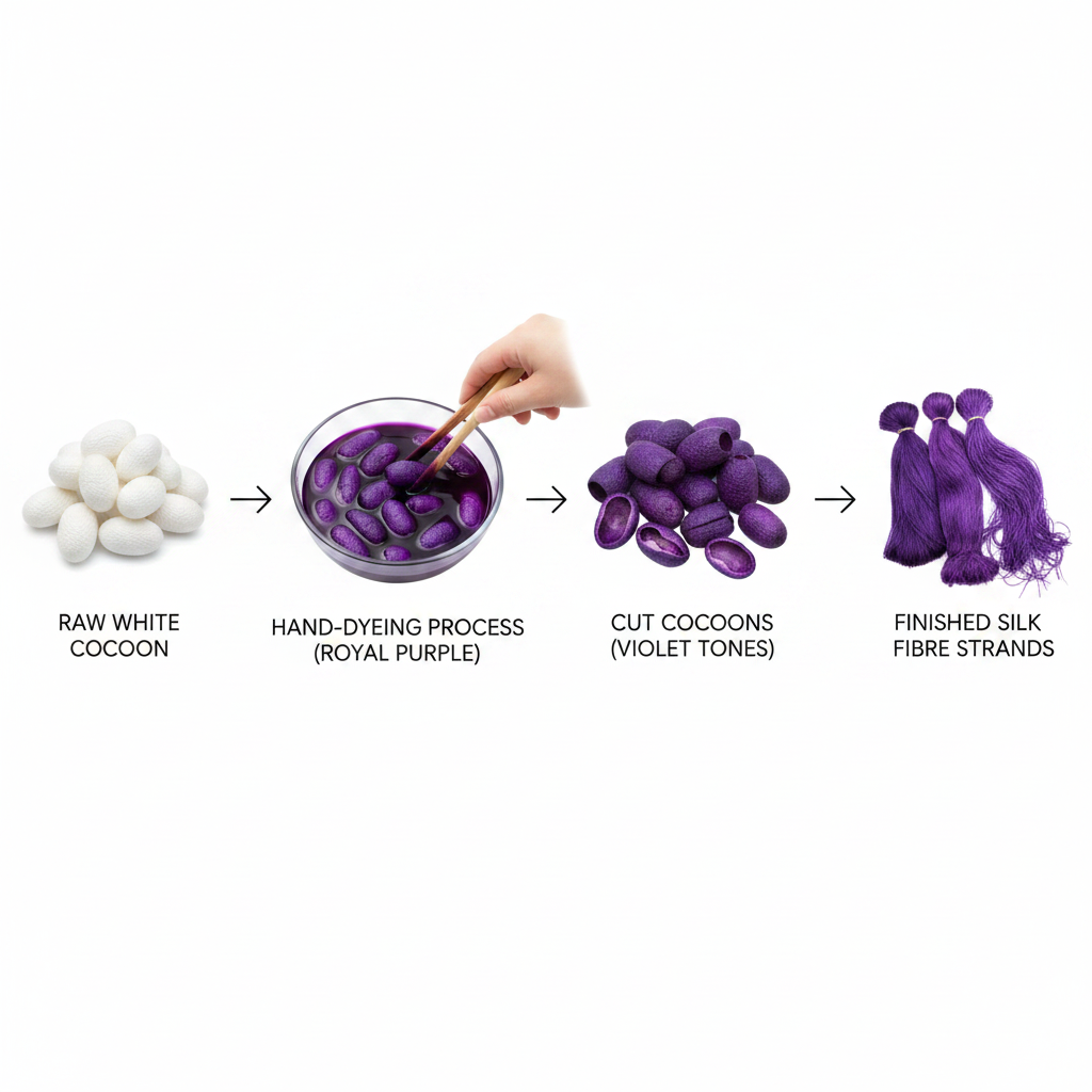 Infographic – Mulberry silk cocoon journey from raw to royal purple dyed fibre