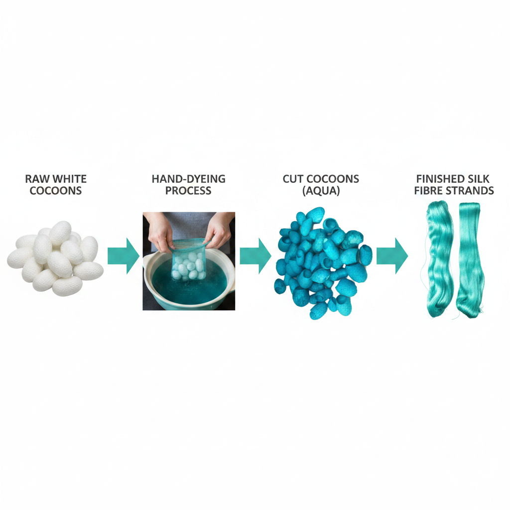 Infographic – Mulberry silk cocoon journey from raw to turquoise dyed fibre