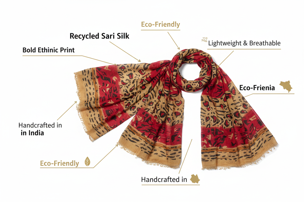 Infographic – Red Golden Black Printed Sari Silk Scarf