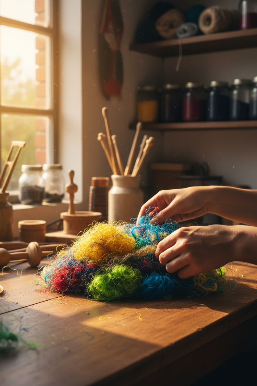 Lifestyle – artisan hands with silk fibers