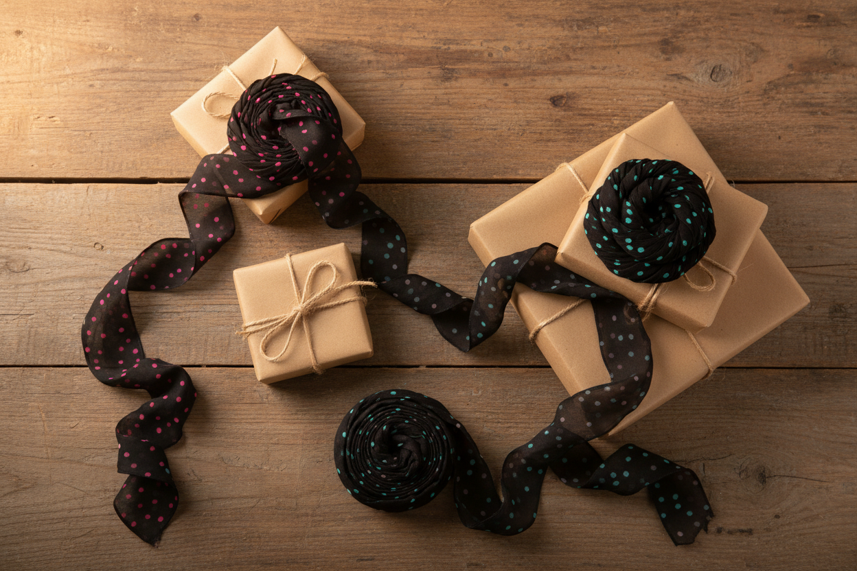 Lifestyle – Black Polka Dot Silk Ribbons on Gifts