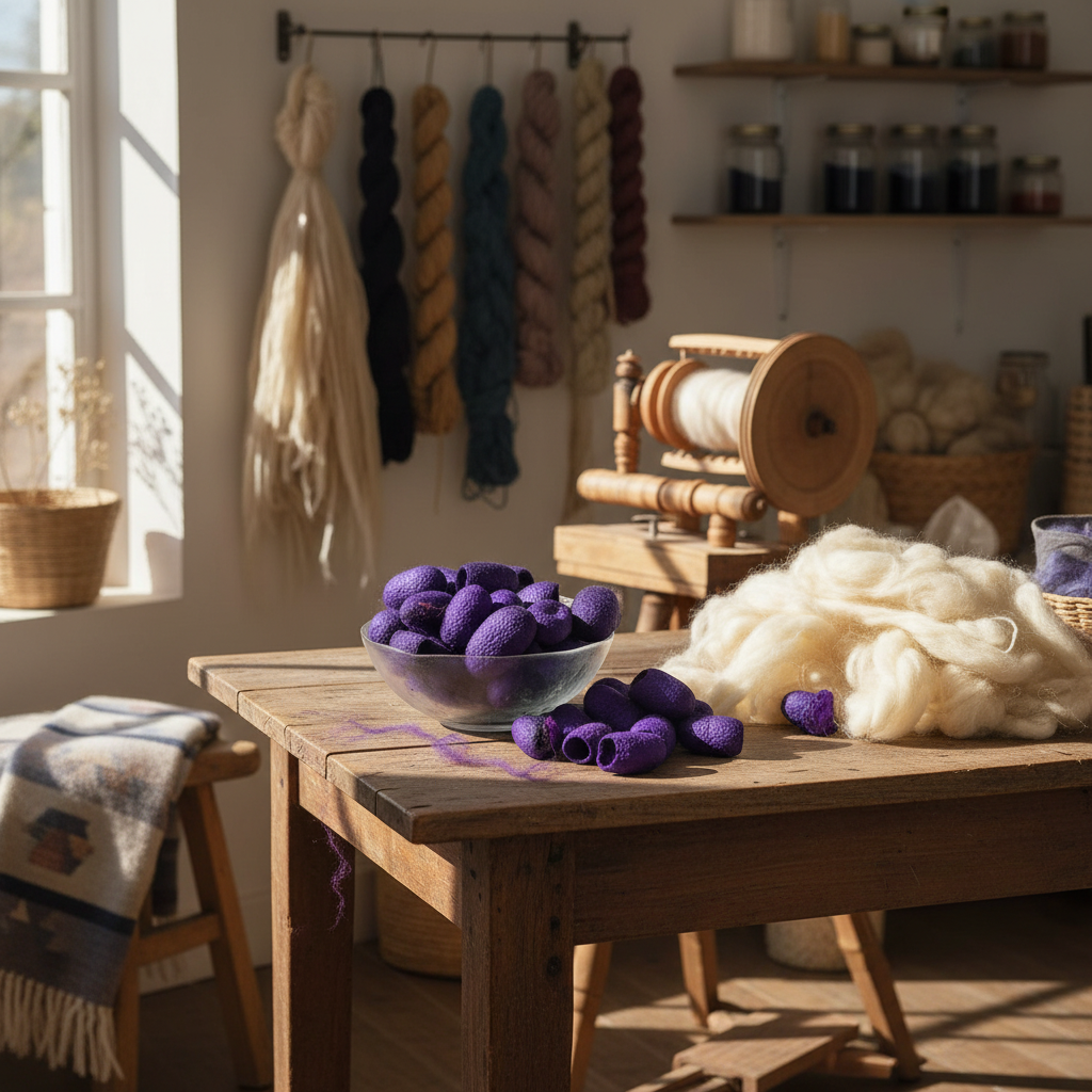 Lifestyle – deep purple silk cocoons in artisan studio