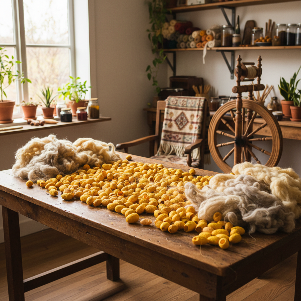 Lifestyle – golden amber turmeric silk cocoons in artisan studio