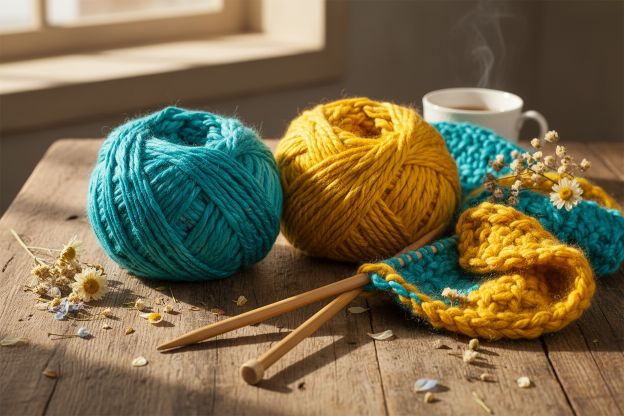 Lifestyle – Knitsilk Turquoise & Yellow Sari Silk Yarn