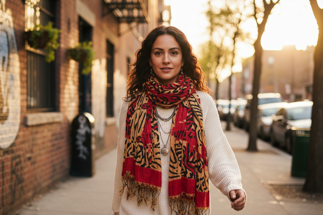 Lifestyle – Red Golden Black Printed Sari Silk Scarf