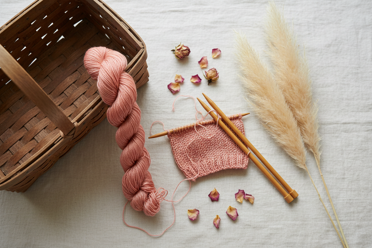 Lifestyle – Salmon Pink Silk Yarn with Roses & Linen