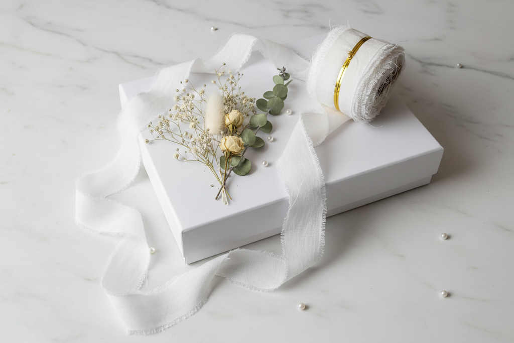 Lifestyle – White Frayed Silk Ribbon with Gold Trim