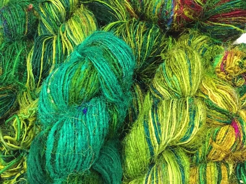 Knitsilk Regular Recycled Sari Silk Yarn - Ocean of Green (100 Grams, 50-70 Yards) Soft Silk, Eco-Friendly, Knitting, Jewelry Making, Unique Craft Supplies