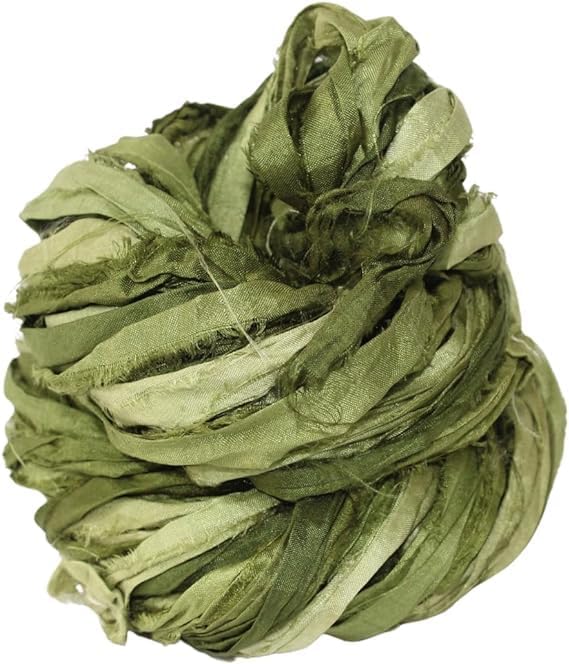 Knitsilk Recycled Sari Silk Ribbon | Olive Ombre | 100g / 30 Yards | Crochet, Knitting & Jewelry Making | Pack of 1