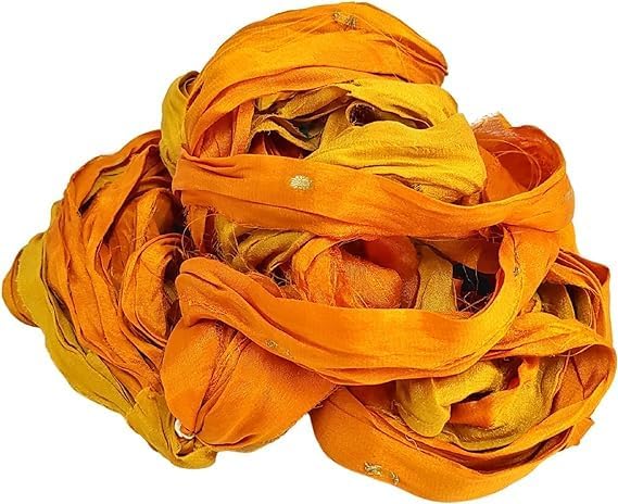 Knitsilk Super Bulky Hand-Dyed Chiffon Sari Silk Ribbon Yarn – Yellow and Orange (27 Yards / 100g)