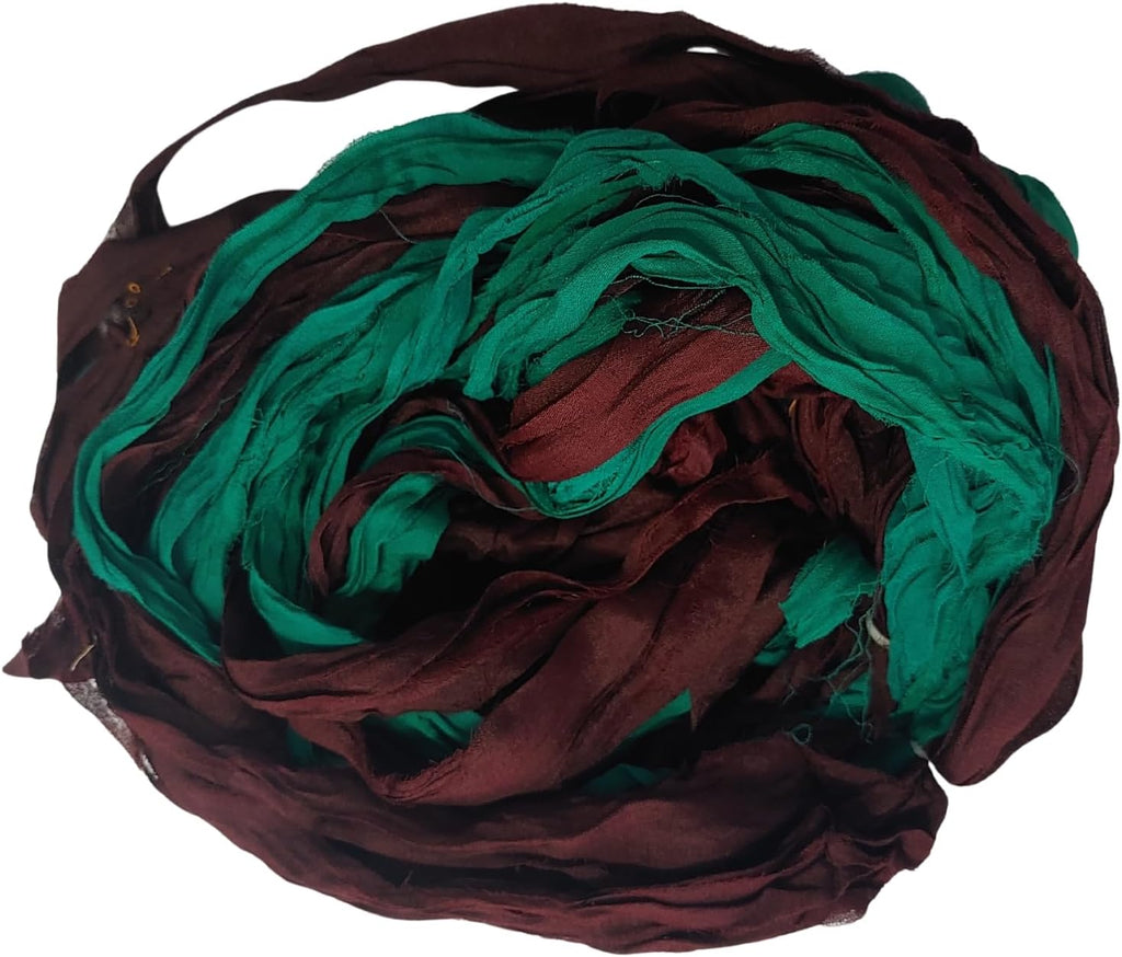 Knitsilk Super Bulky Hand-Dyed Chiffon Sari Silk Ribbon Yarn – Brown and Green(27 Yards / 100g)