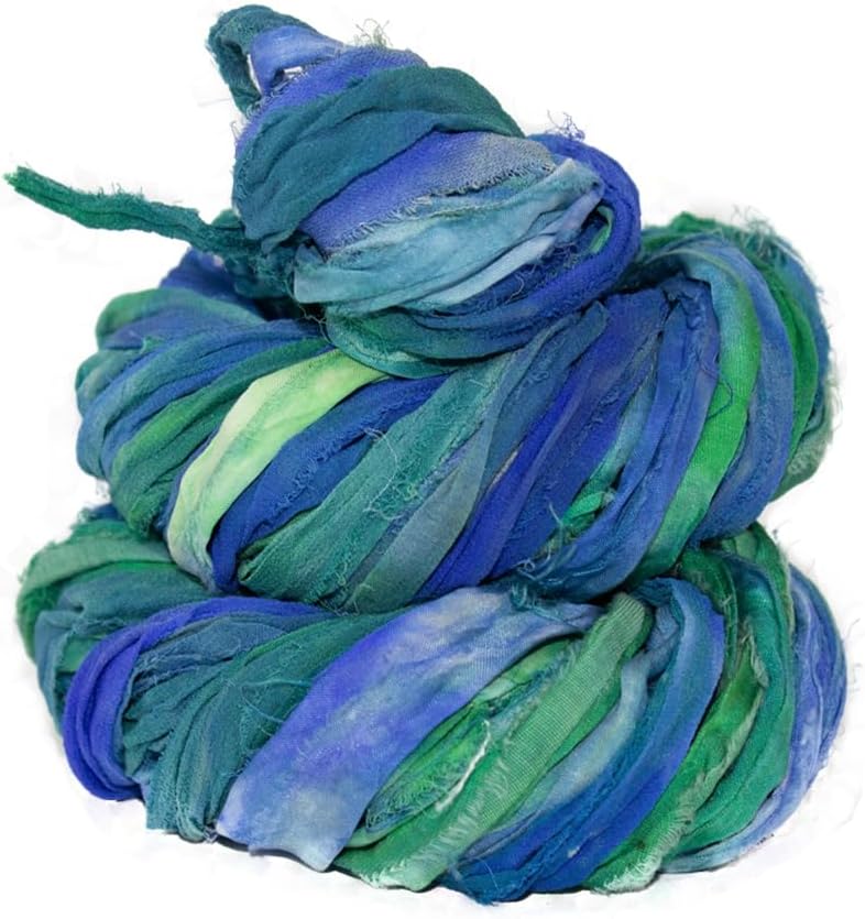 Knitsilk Super Bulky Hand-Dyed Chiffon Sari Silk Ribbon Yarn –Blue Galaxy(27 Yards / 100g)